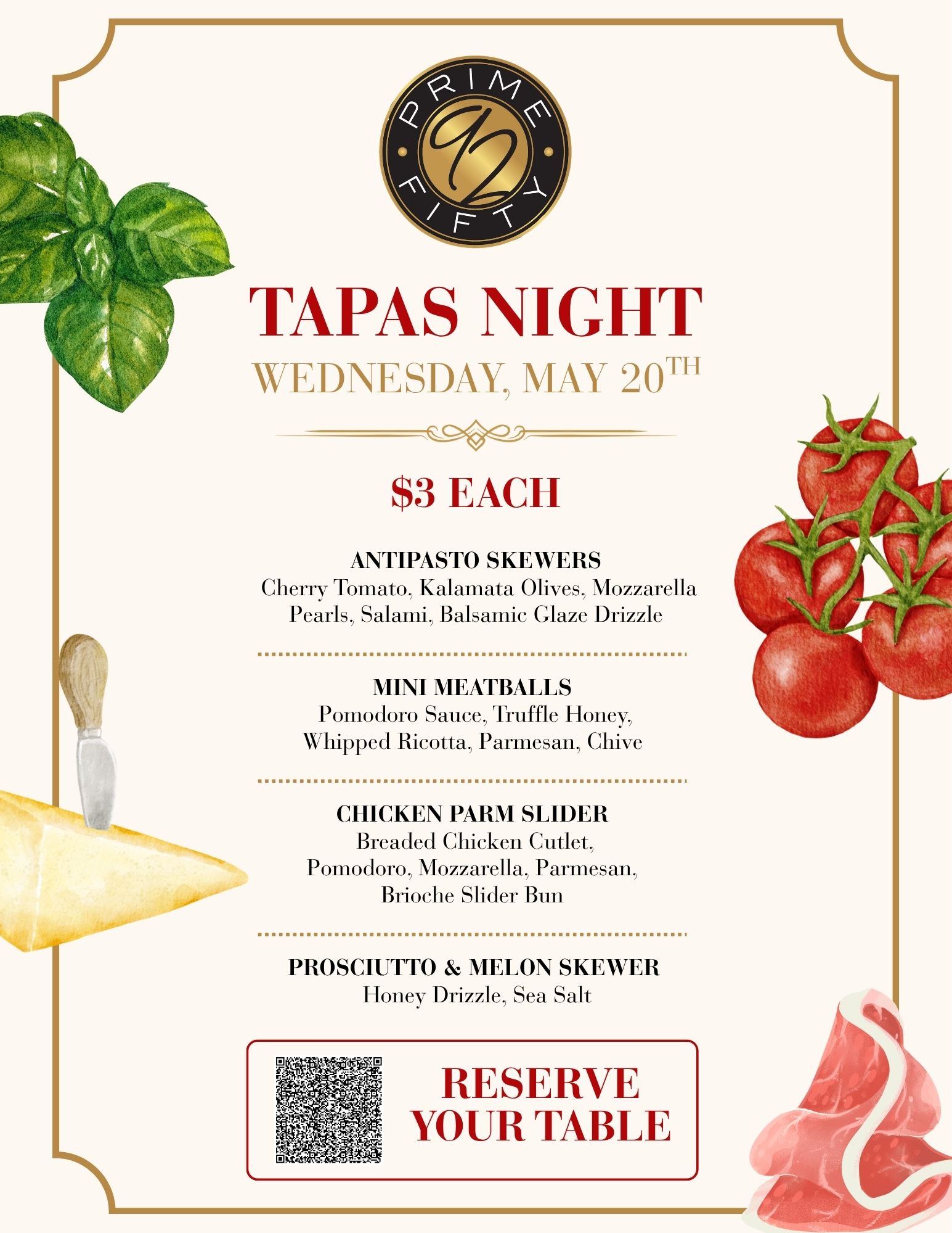 Prime 92 Fifty tapas flyer